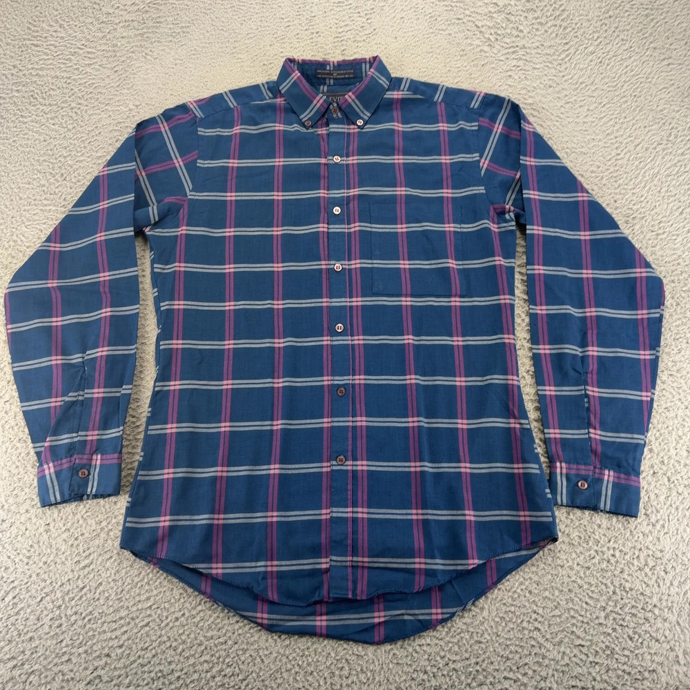 Levis Mens Medium Blue Pink Plaid Long Sleeve Button Down Shirt Cotton Blend